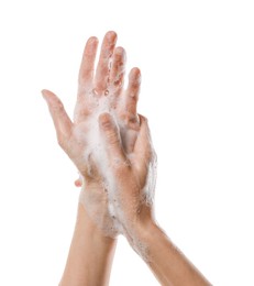 Photo of Woman washing hands with foaming soap on white background, closeup. Hygiene