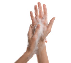 Woman washing hands with foaming soap on white background, closeup. Hygiene