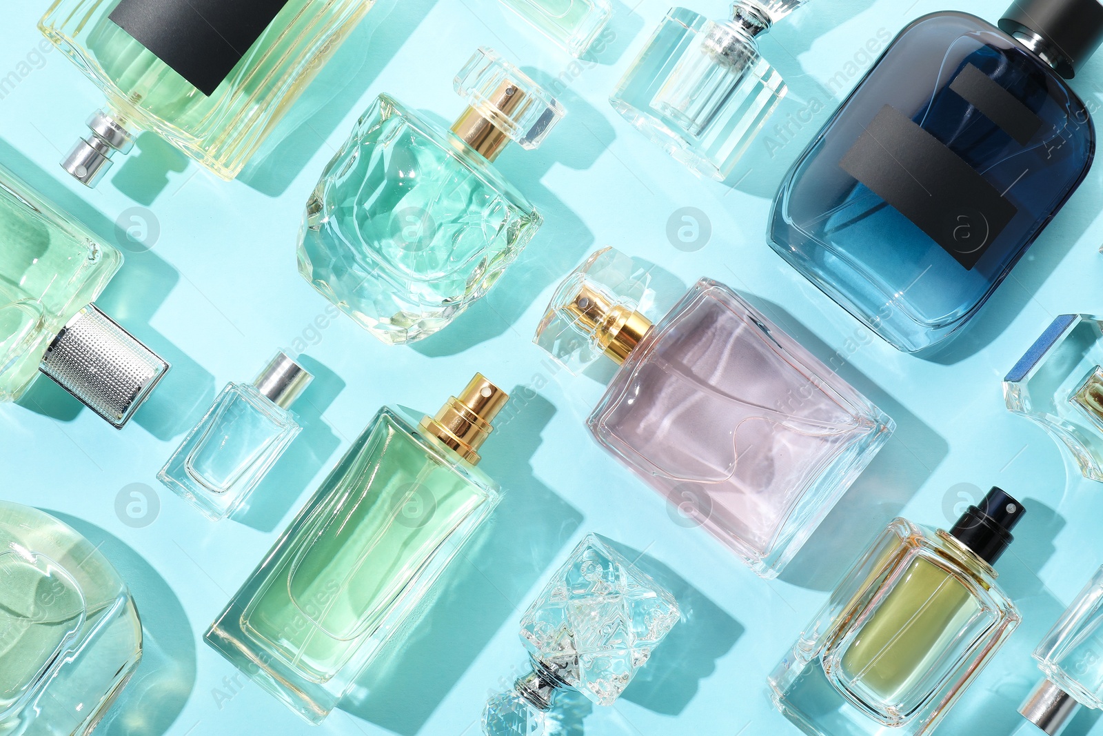 Bottles of various perfumes on light blue background, flat lay Photo of Bottles of various perfumes on light blue background, flat lay