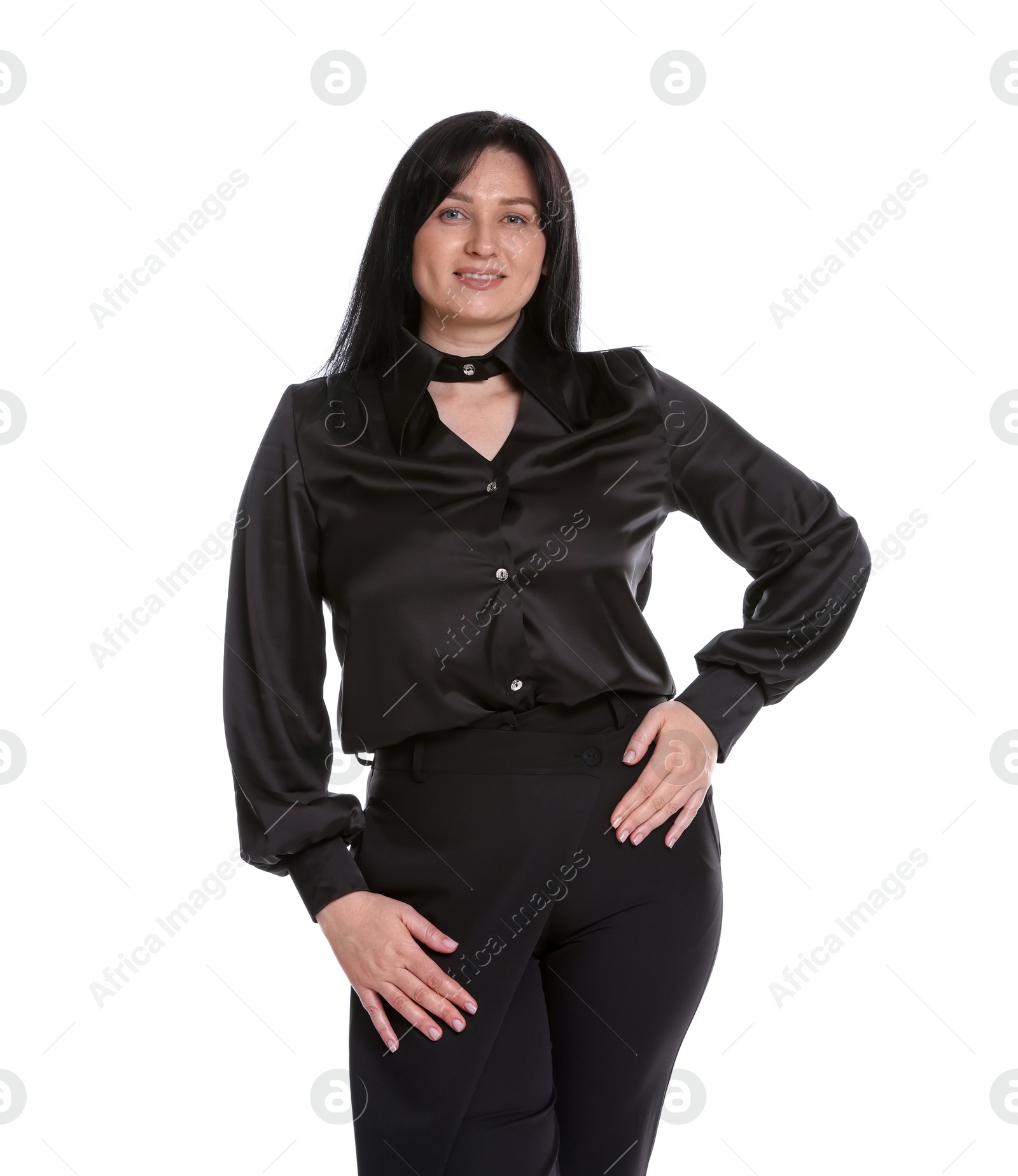 Photo of Portrait of smiling plus size model on white background. Overweight