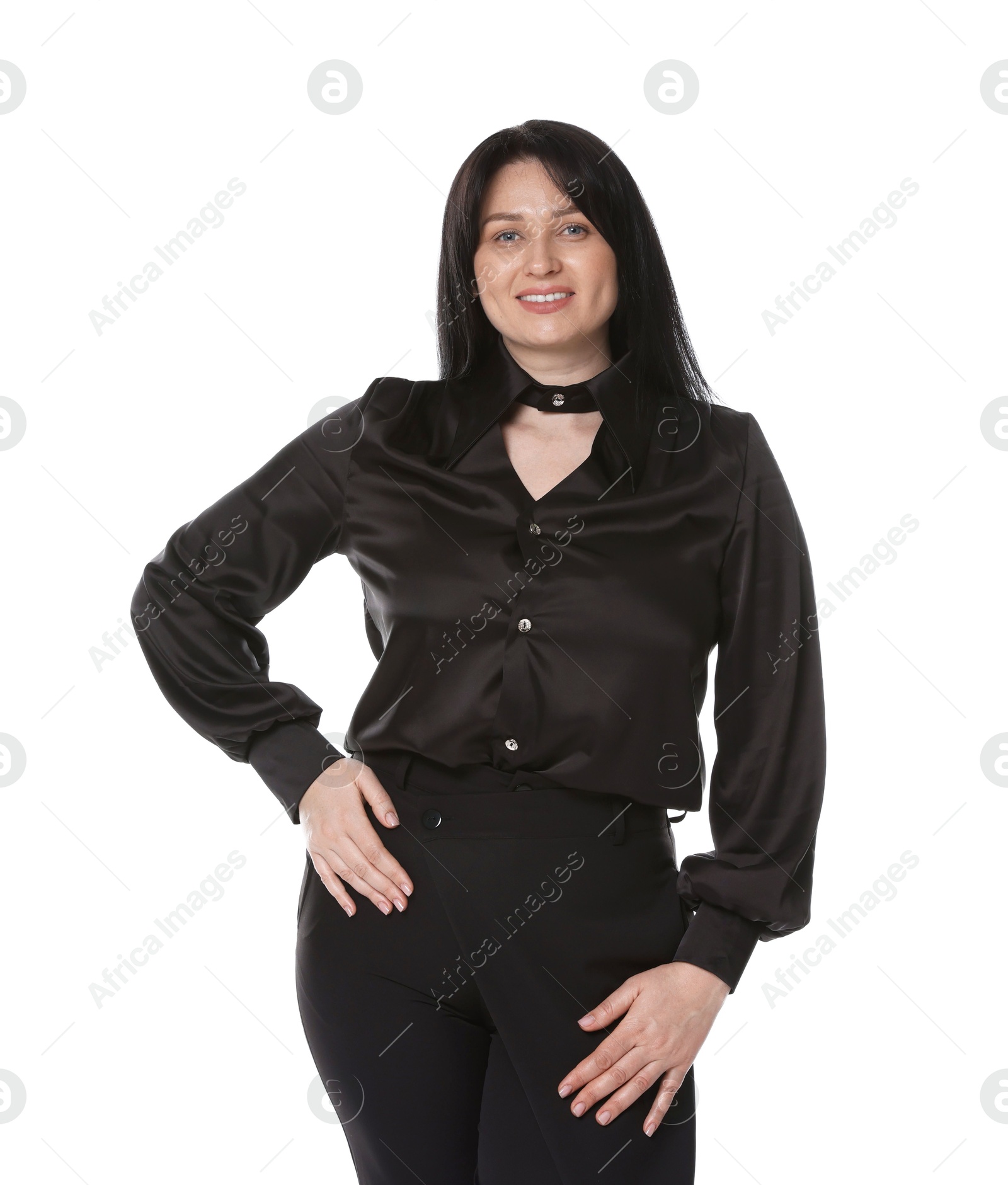 Photo of Portrait of smiling plus size model on white background. Overweight