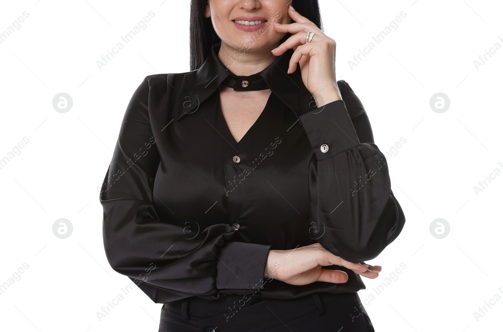 Photo of Smiling plus size model on white background, closeup. Overweight