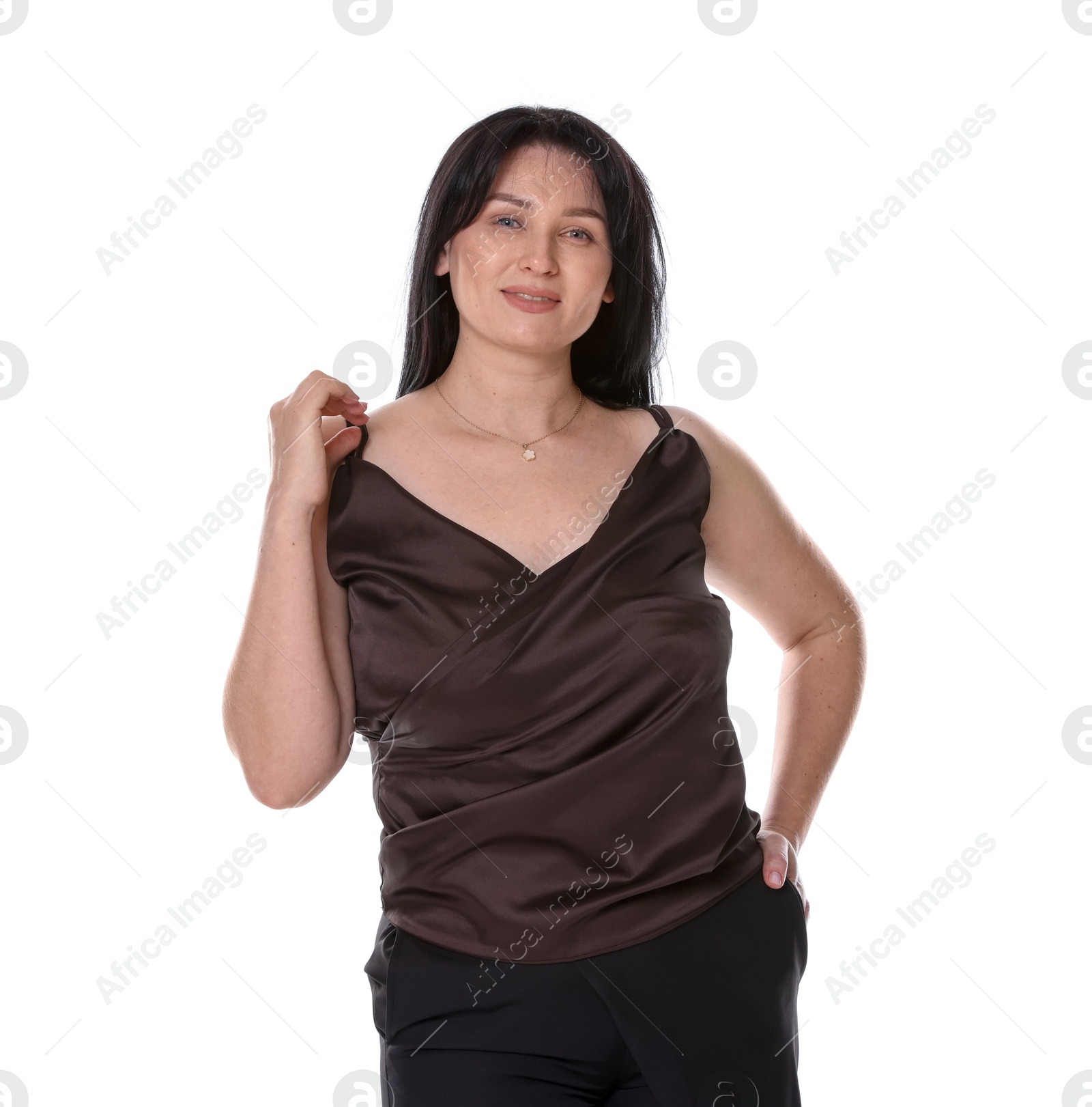 Photo of Portrait of smiling plus size model on white background. Overweight