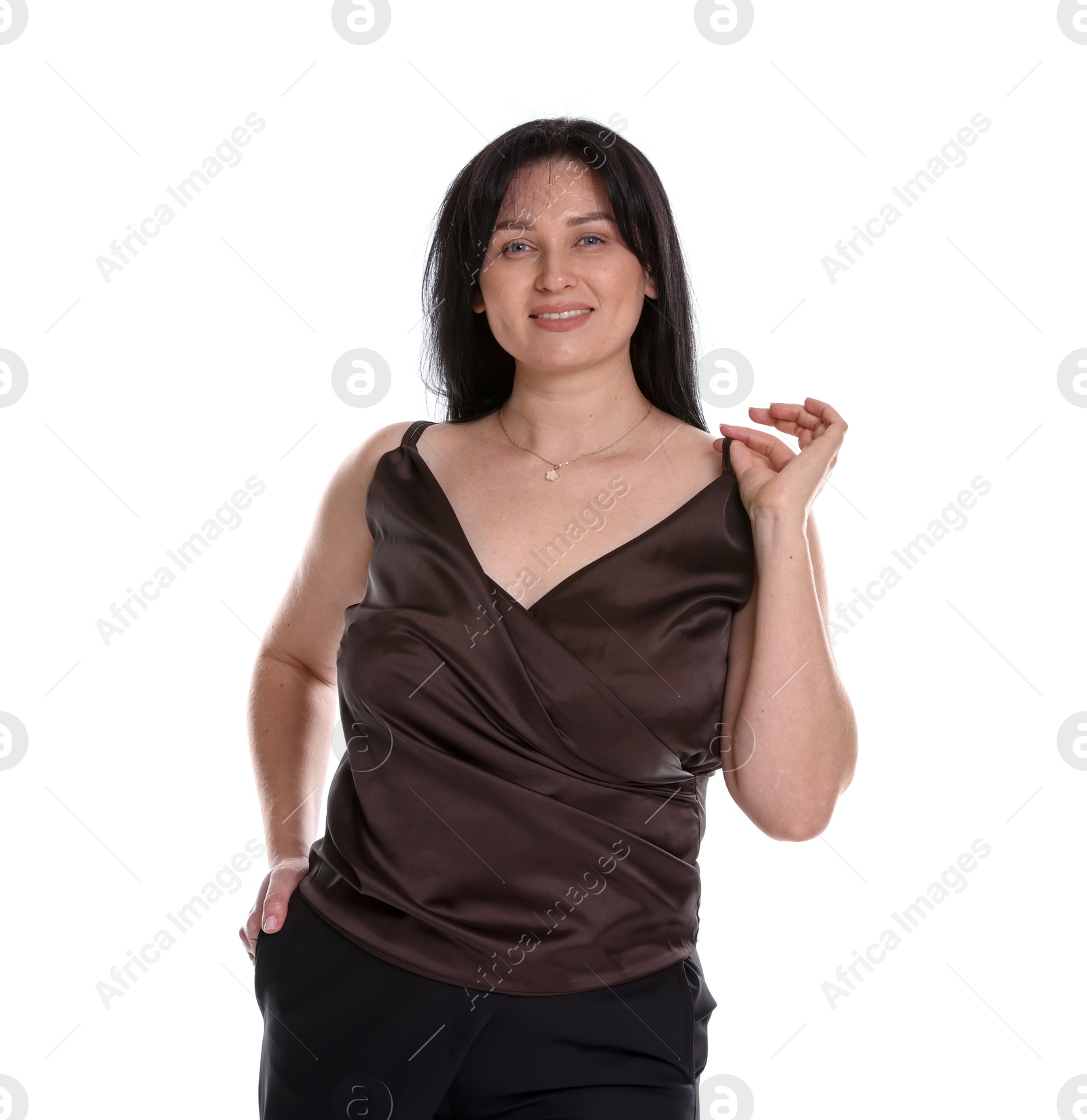 Photo of Portrait of smiling plus size model on white background. Overweight