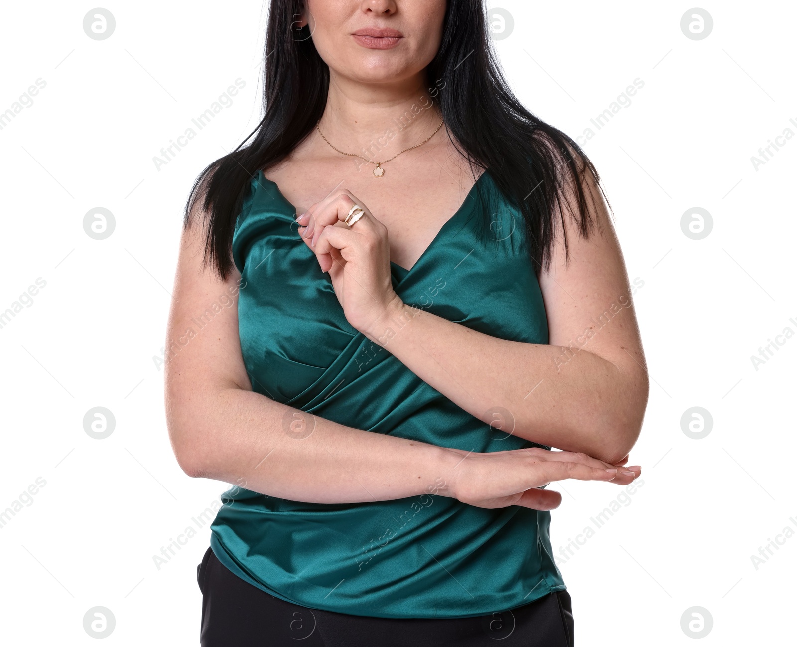 Photo of Plus size model on white background, closeup. Overweight