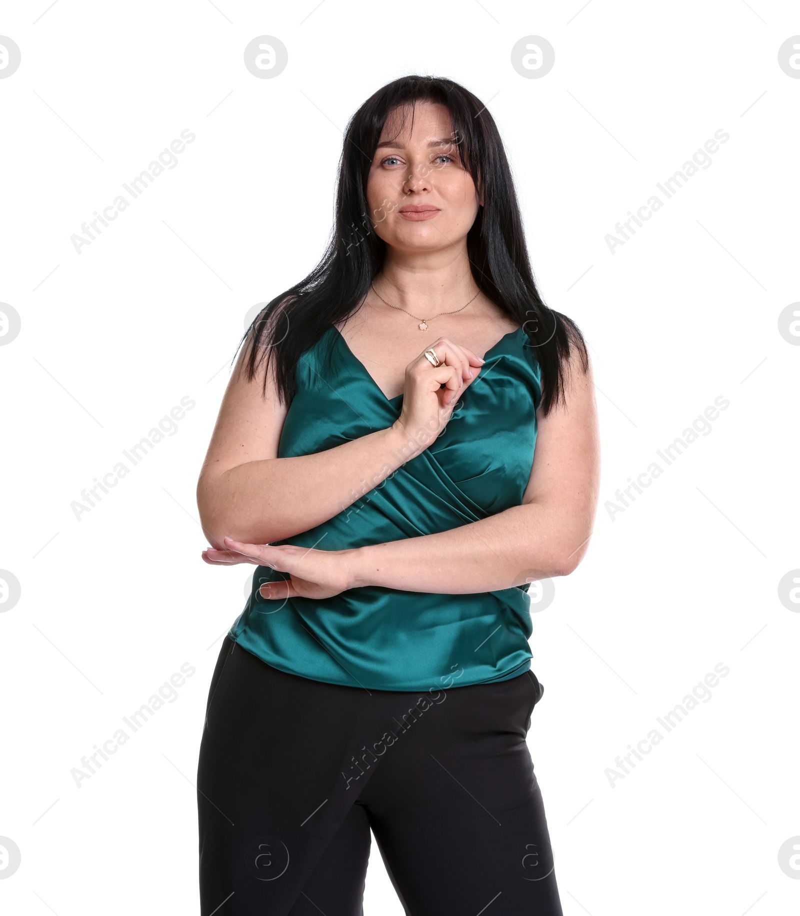 Photo of Portrait of charming plus size model on white background. Overweight