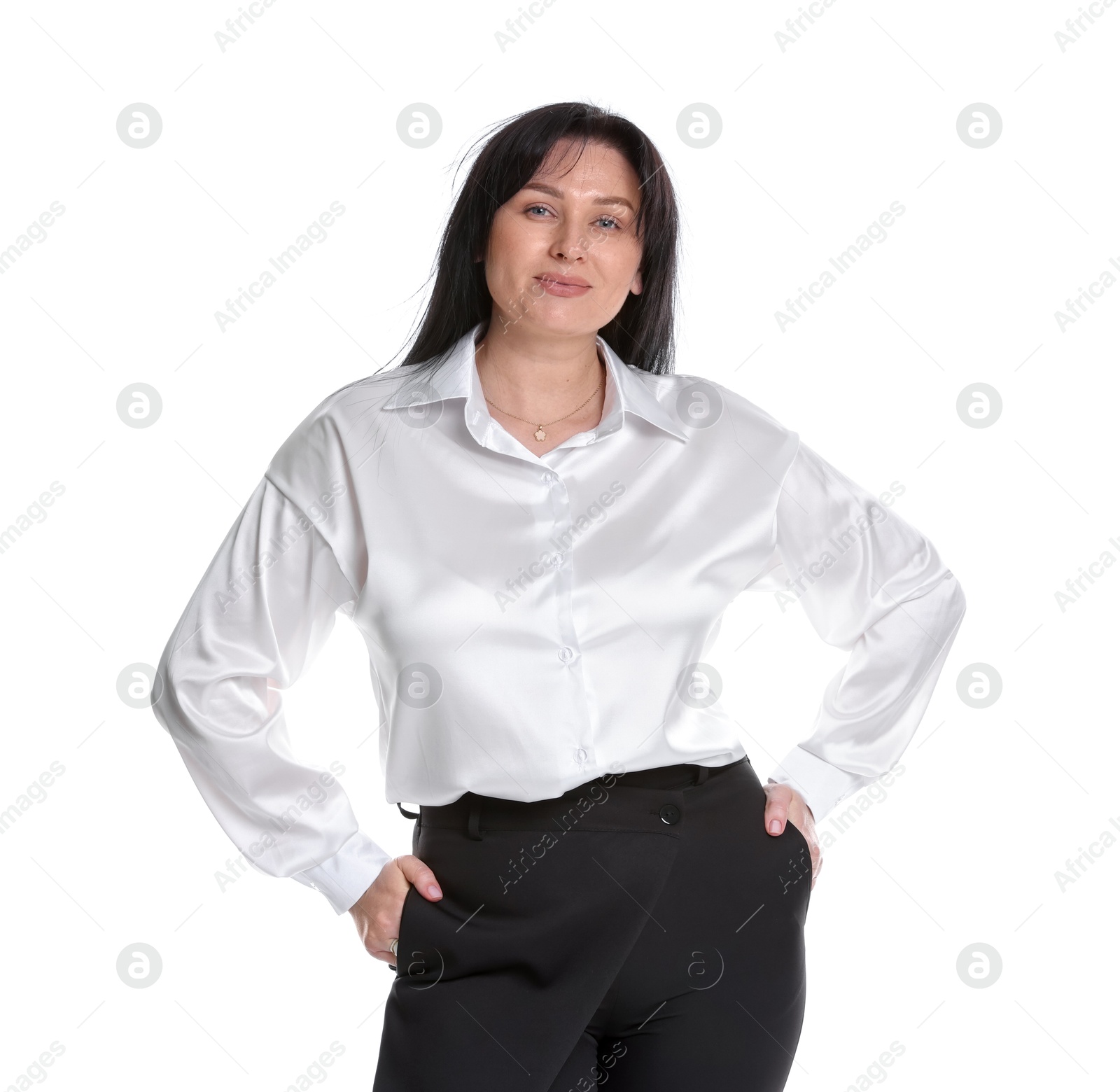 Photo of Portrait of charming plus size model on white background. Overweight