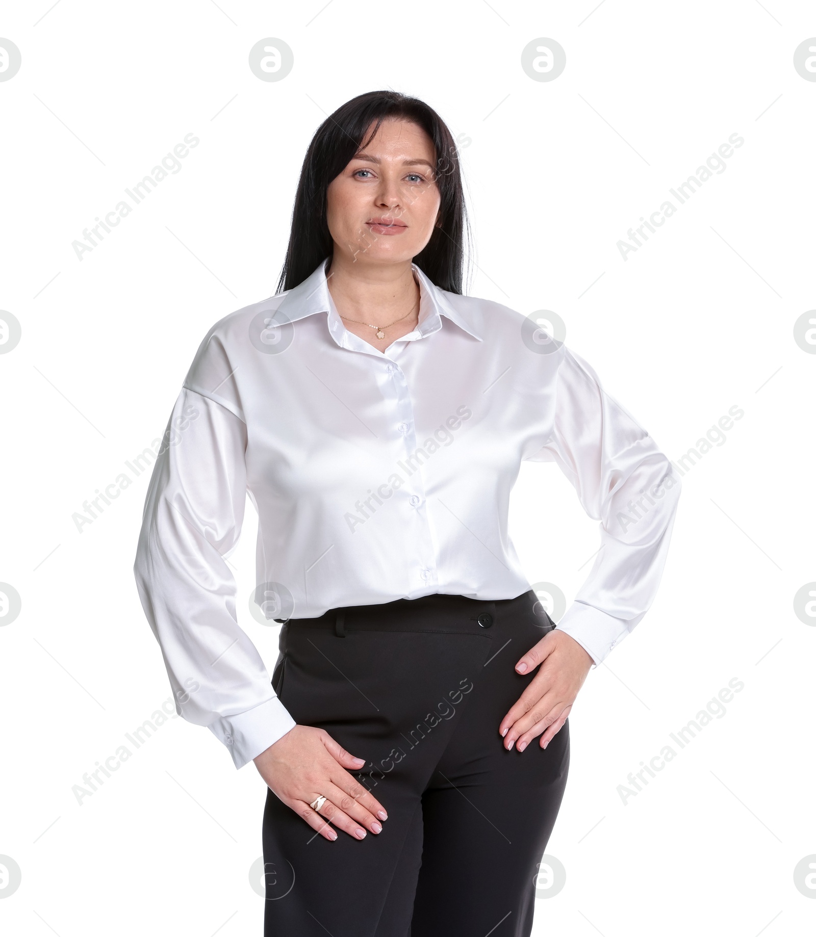 Photo of Portrait of charming plus size model on white background. Overweight