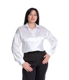 Portrait of charming plus size model on white background. Overweight