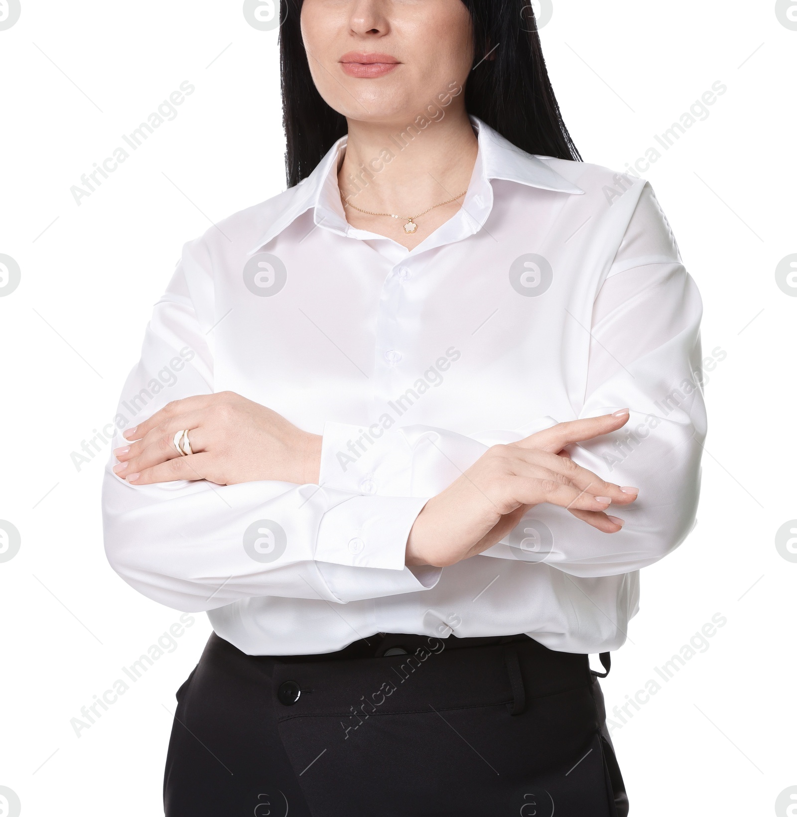 Photo of Plus size model on white background, closeup. Overweight