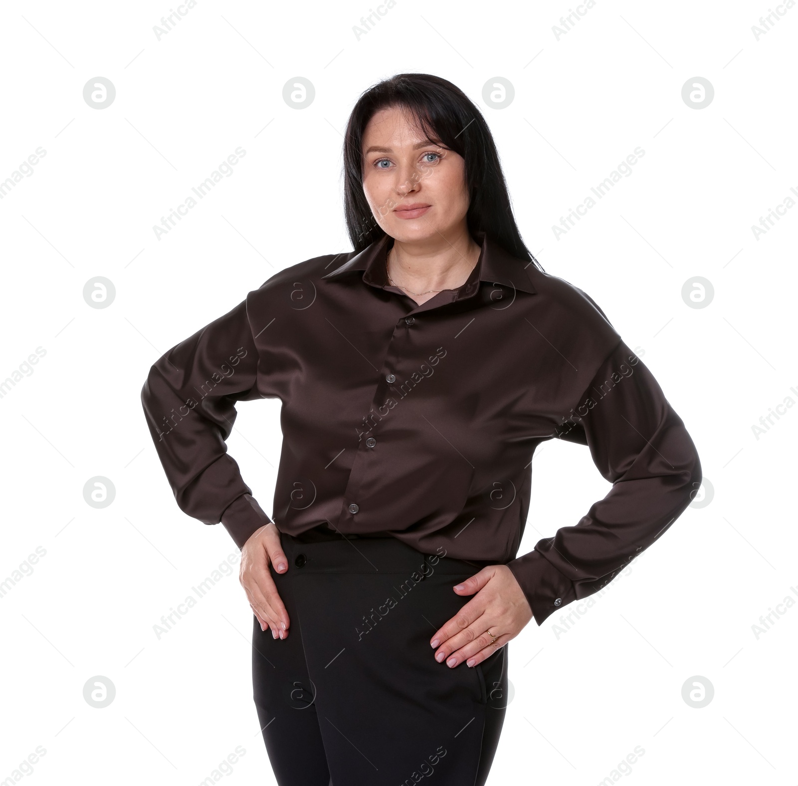 Photo of Portrait of charming plus size model on white background. Overweight