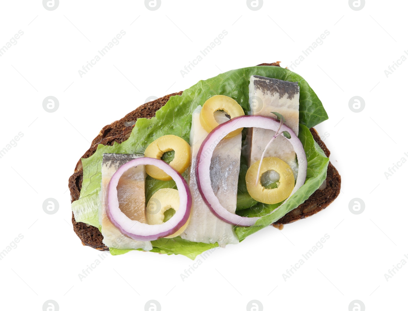 Photo of Tasty sandwich with herring, onion, lettuce and olives isolated on white, top view