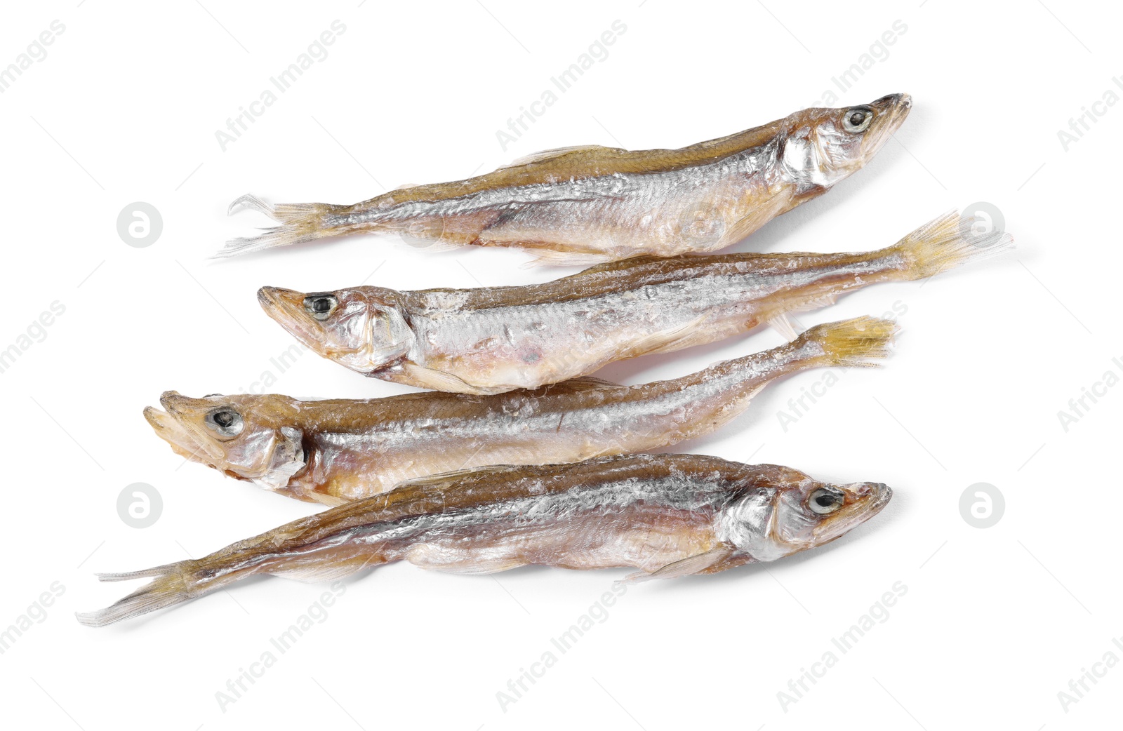 Photo of Dried salted smelt fish isolated on white, top view