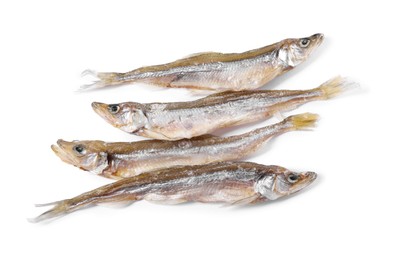 Dried salted smelt fish isolated on white, top view