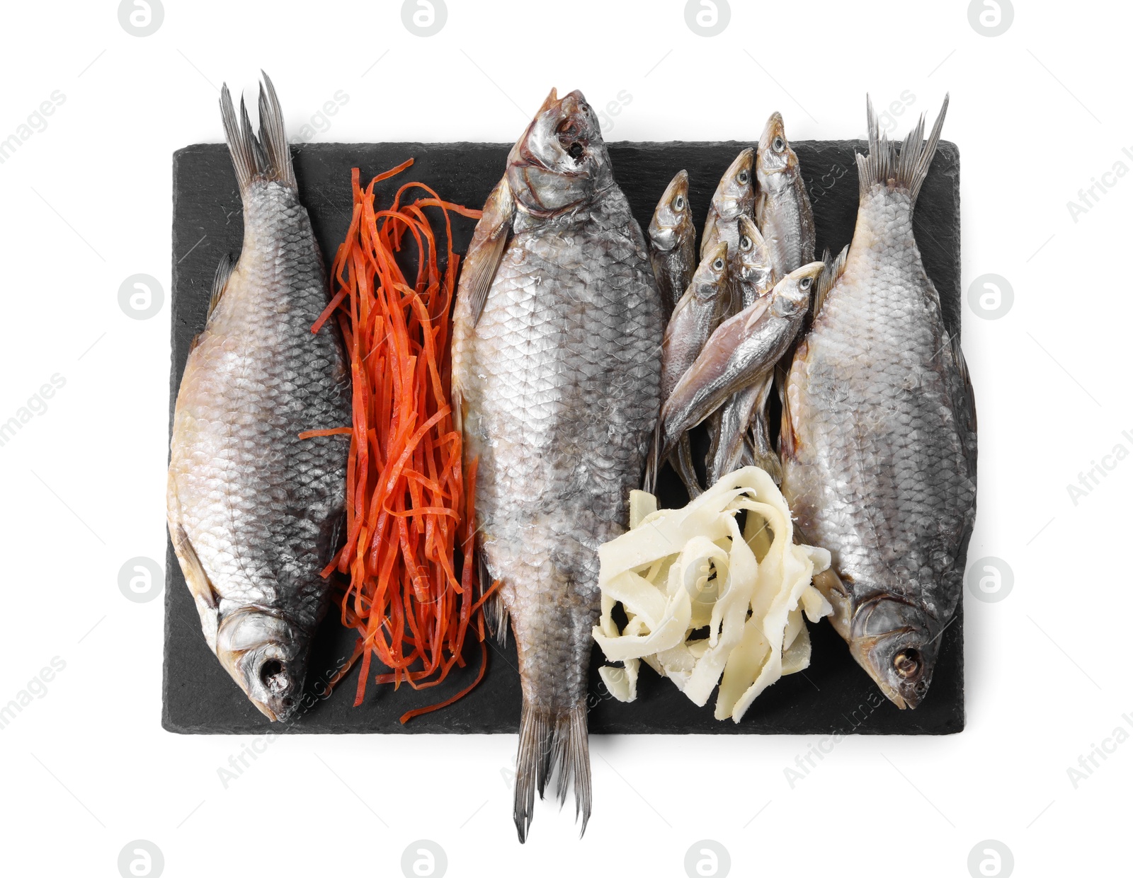 Photo of Many different dried fish snacks isolated on white, top view