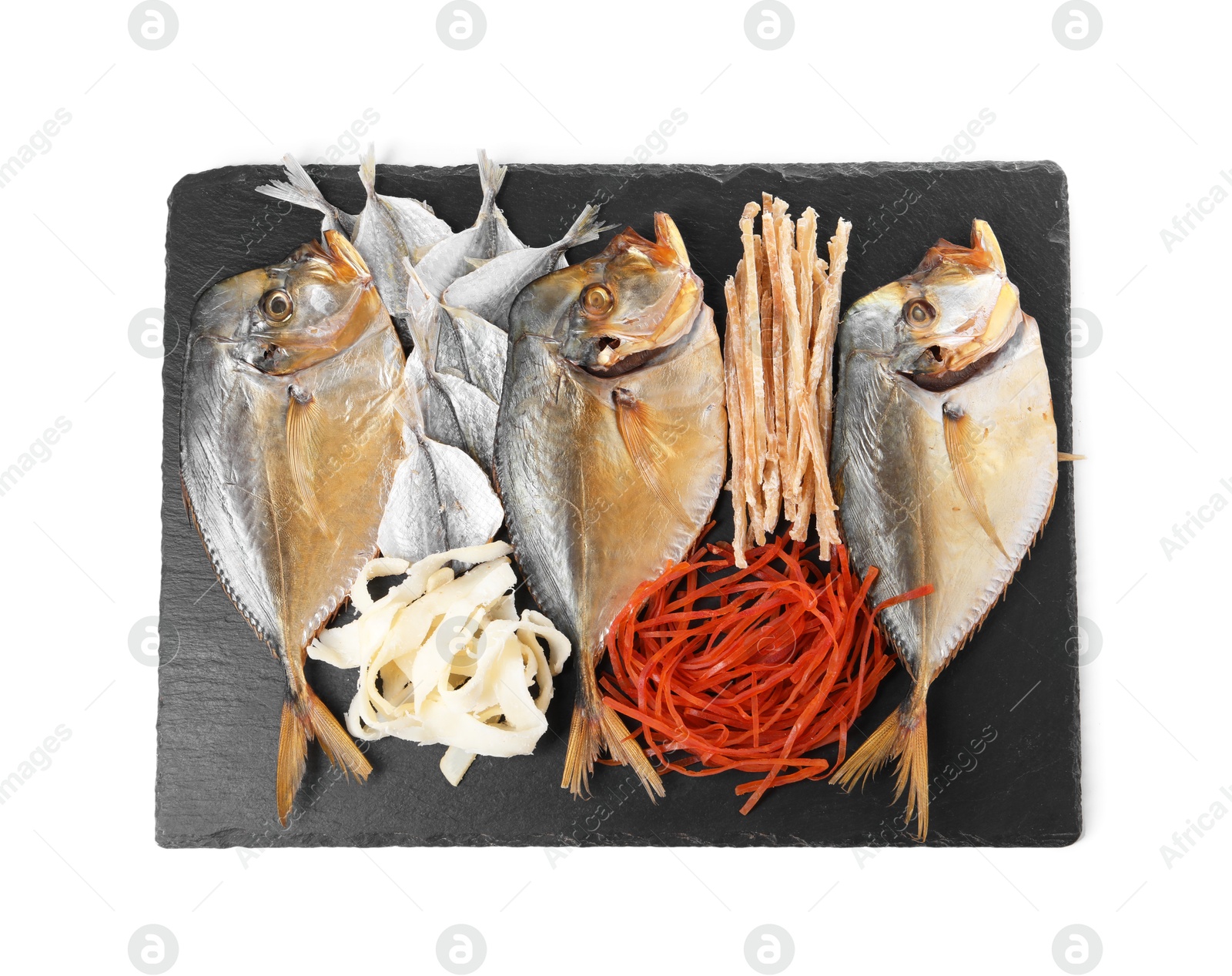 Photo of Many different dried fish snacks isolated on white, top view