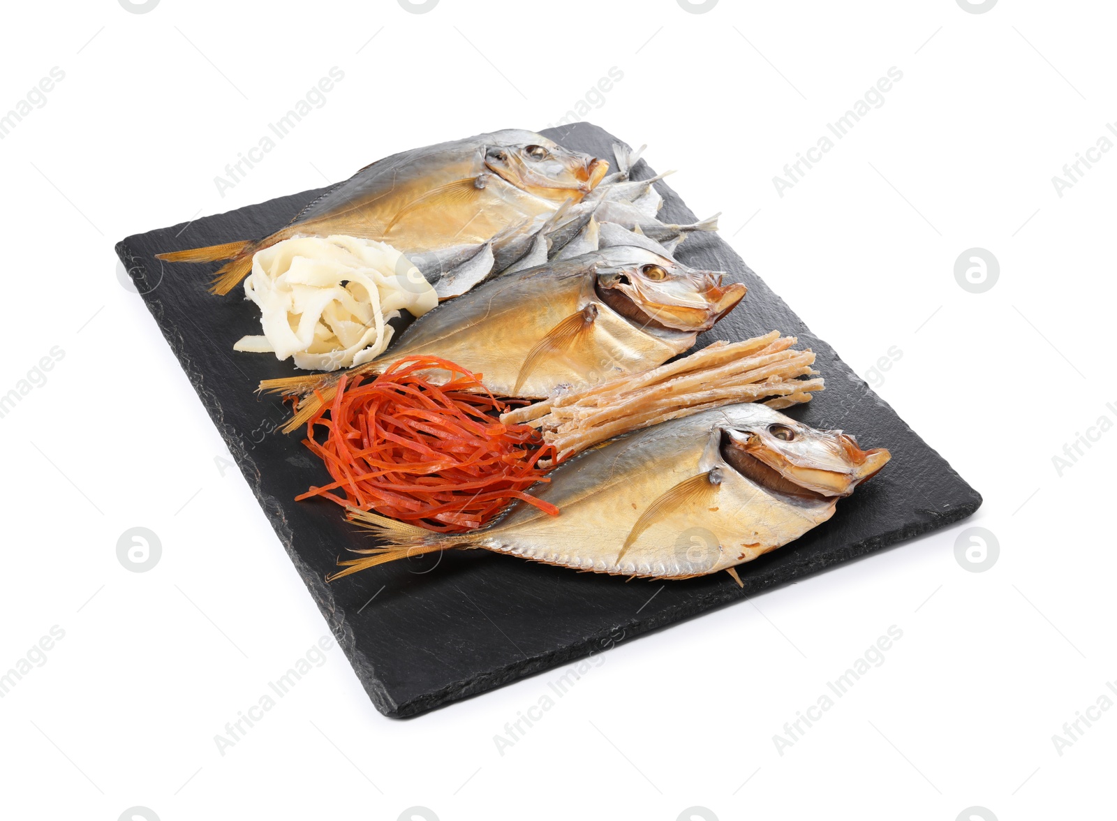 Photo of Many different dried fish snacks isolated on white