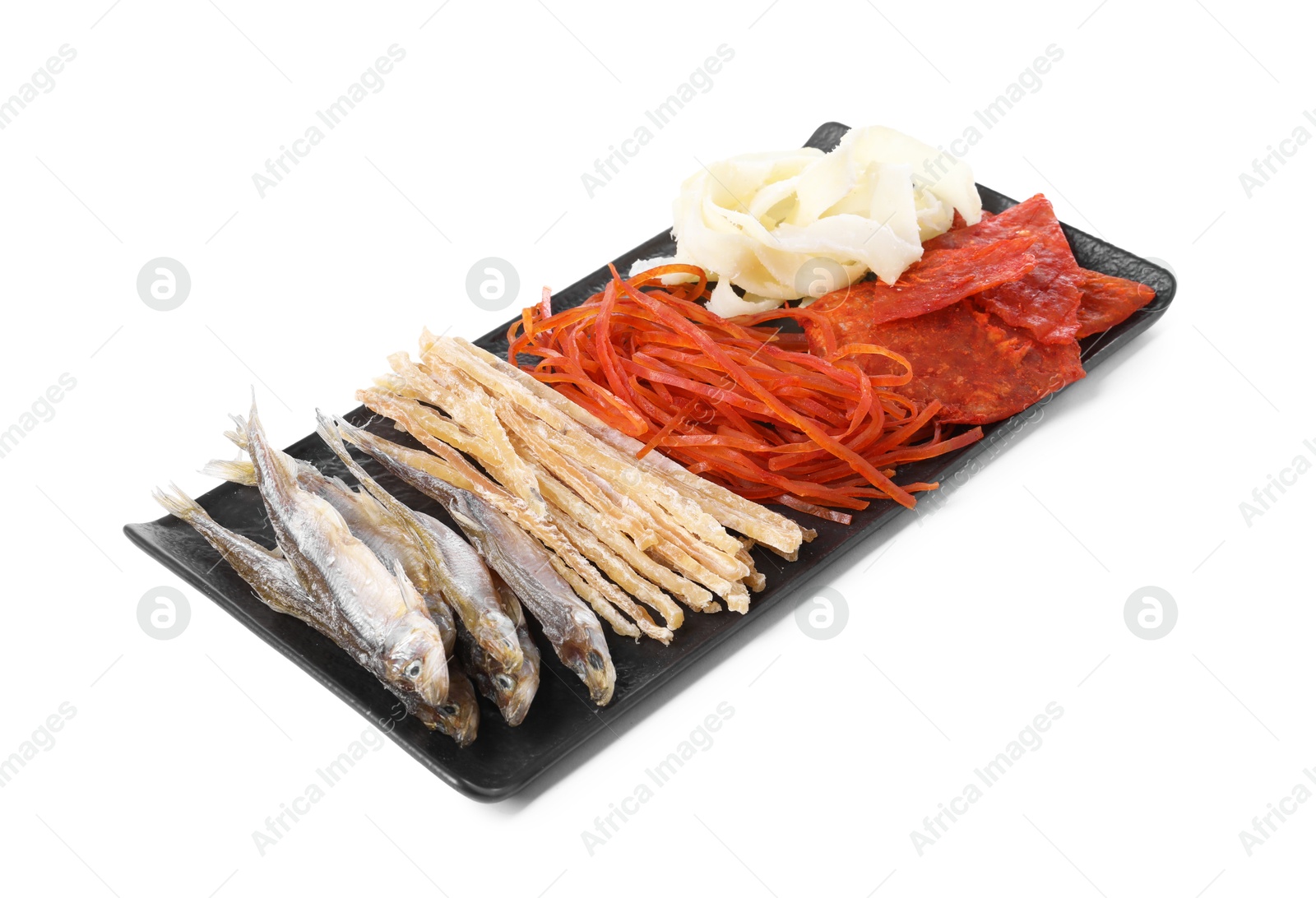 Photo of Many different dried fish snacks isolated on white