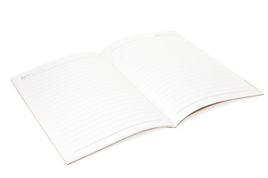 Photo of Open copybook isolated on white. School stationery