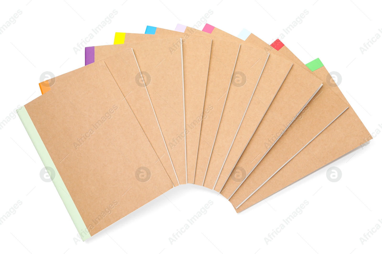 Photo of Different copybooks isolated on white, top view. School stationery