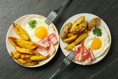 Photo of Flat lay composition with tasty brunch served on dark textured table