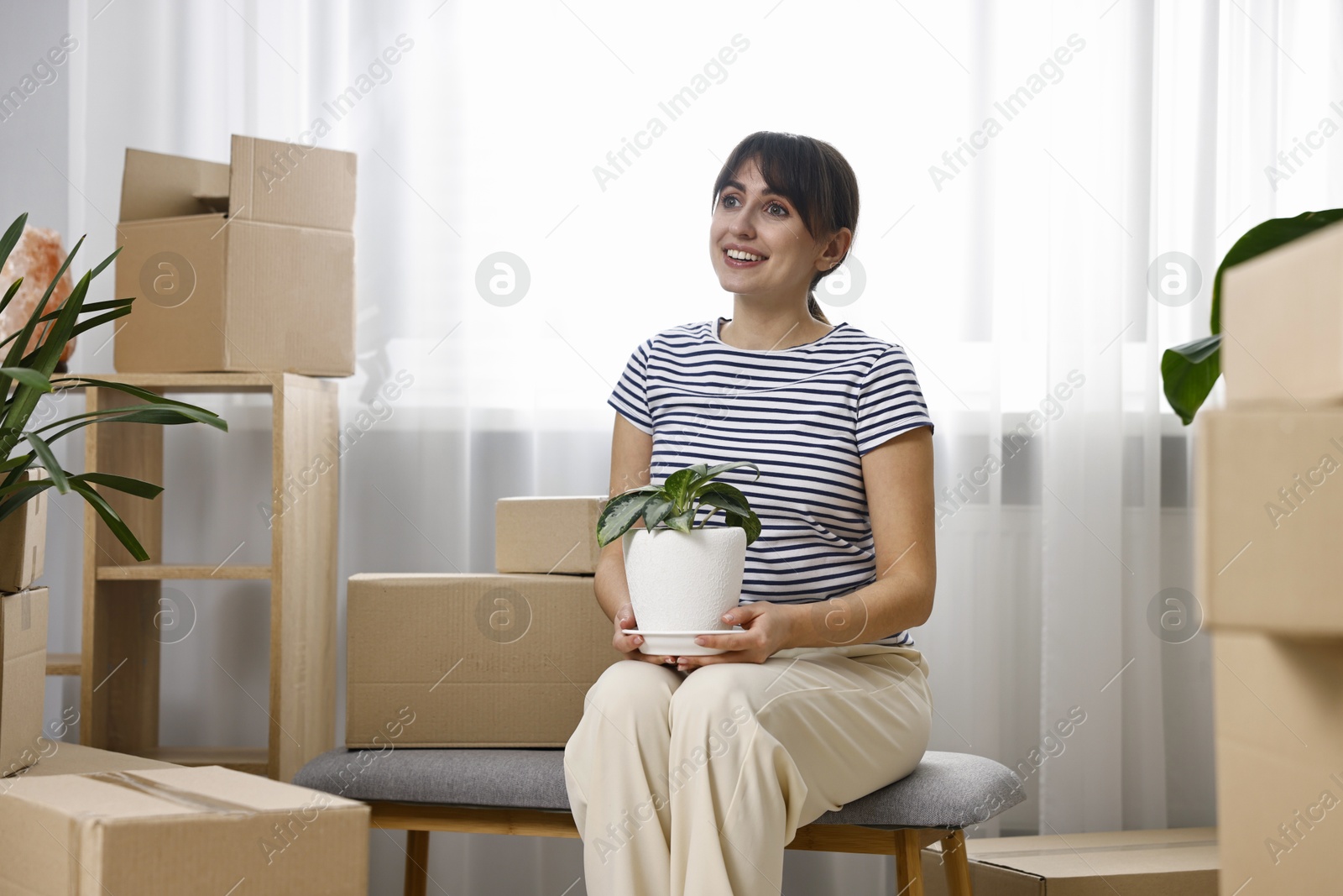 Photo of Moving day. Happy woman with houseplant and cardboard boxes in her new home