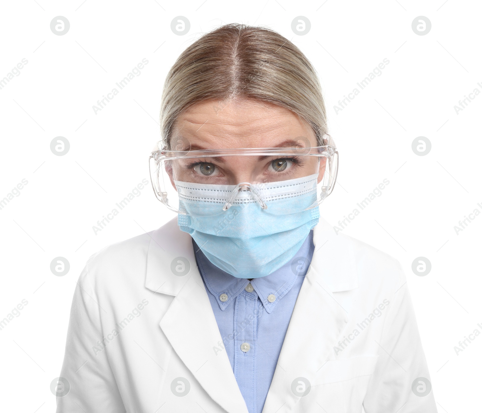 Photo of Professional dentist with medical mask and protective goggles on white background