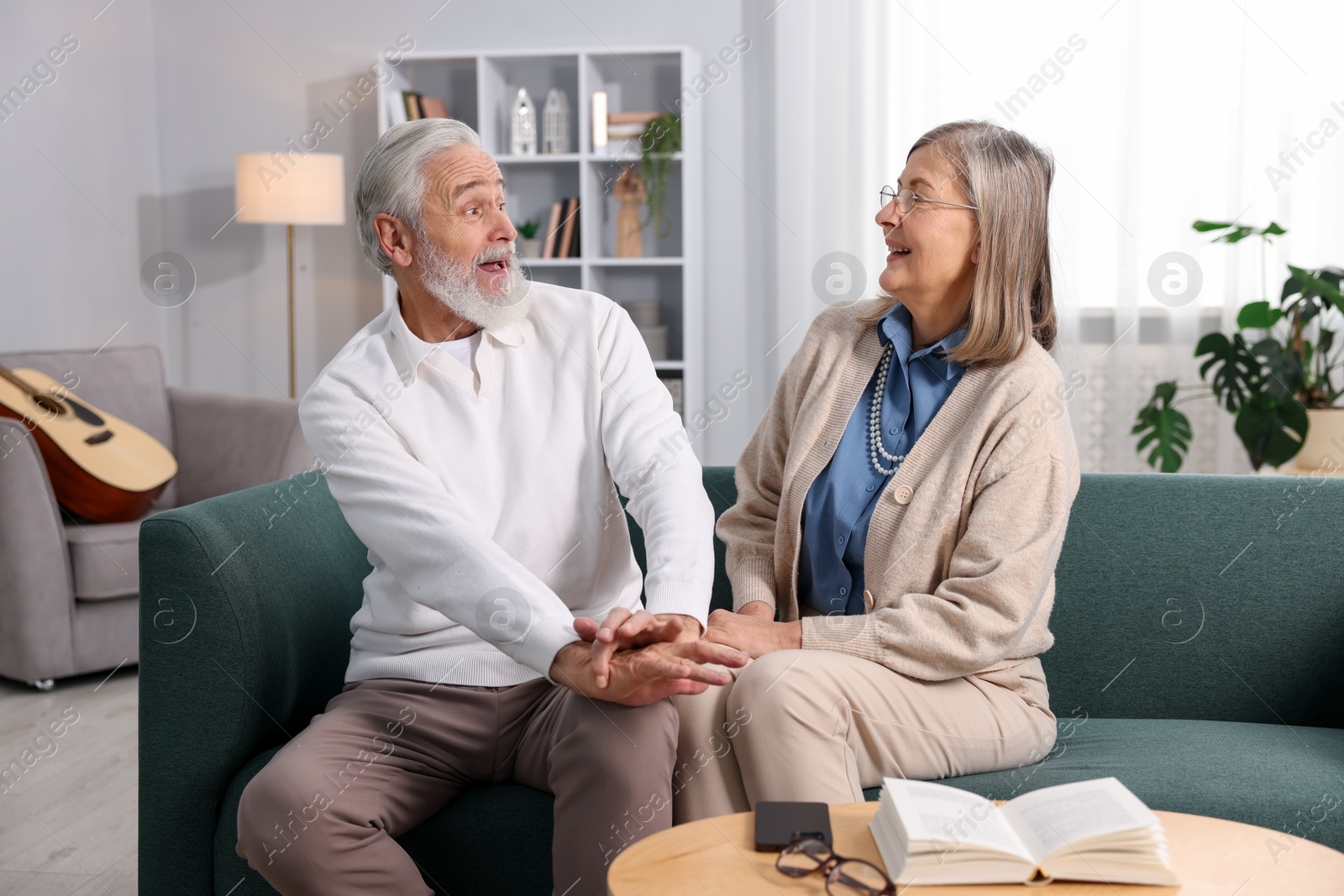 Photo of Cute elderly couple laughing on sofa at home