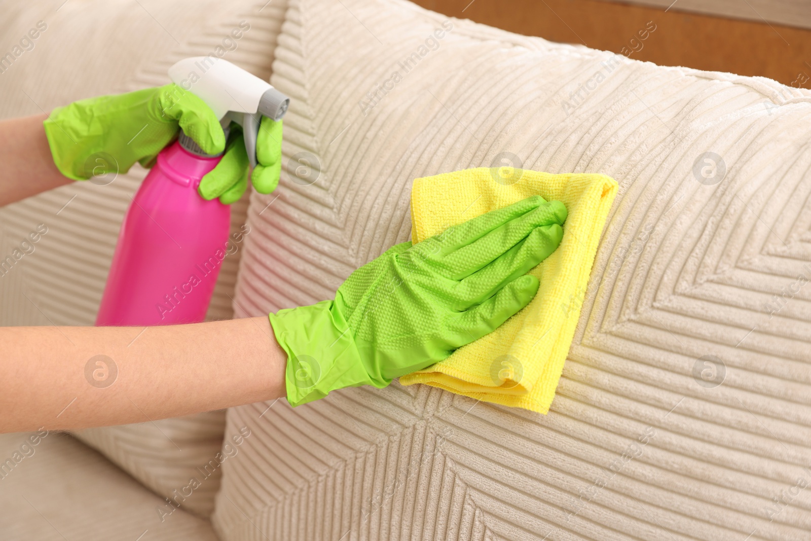 Photo of Janitor cleaning sofa with rag at home, closeup