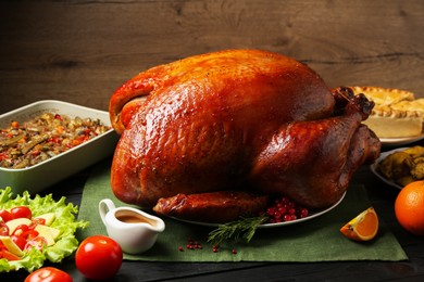 Whole baked turkey and other dishes served on black wooden table