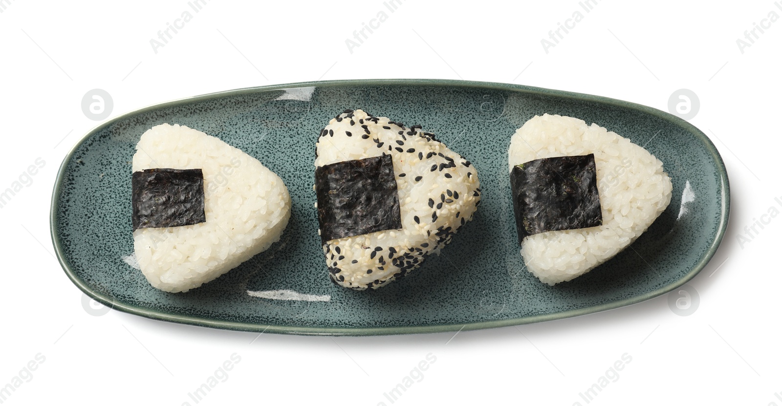Rice balls (onigiri) isolated on white, top view. Traditional Japanese dish Photo of Rice balls (onigiri) isolated on white, top view. Traditional Japanese dish
