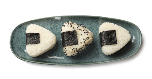 Photo of Rice balls (onigiri) isolated on white, top view. Traditional Japanese dish