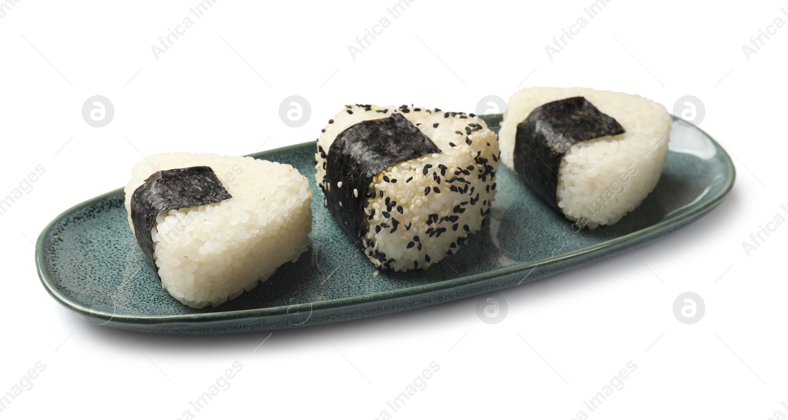 Rice balls (onigiri) isolated on white. Traditional Japanese dish Photo of Rice balls (onigiri) isolated on white. Traditional Japanese dish