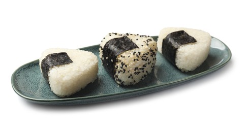 Photo of Rice balls (onigiri) isolated on white. Traditional Japanese dish