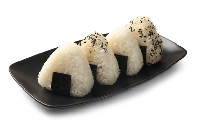 Photo of Rice balls (onigiri) isolated on white. Traditional Japanese dish