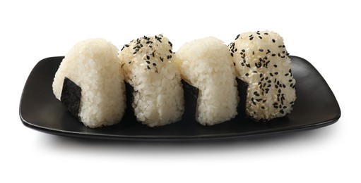 Photo of Rice balls (onigiri) isolated on white. Traditional Japanese dish