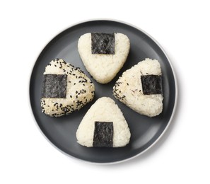Photo of Rice balls (onigiri) isolated on white, top view. Traditional Japanese dish