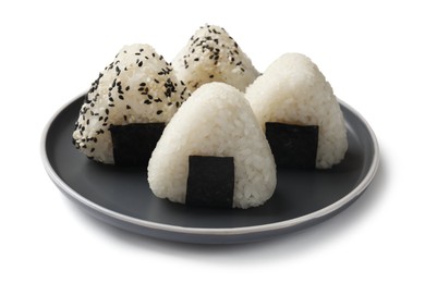 Photo of Rice balls (onigiri) isolated on white. Traditional Japanese dish