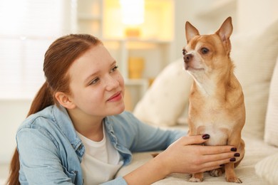 Teenage girl with her cute Chihuahua dog on sofa at home