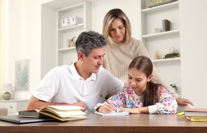 Parents helping their daughter with homework at table indoors