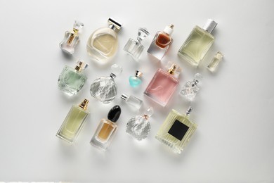 Photo of Bottles of various perfumes on light background, flat lay