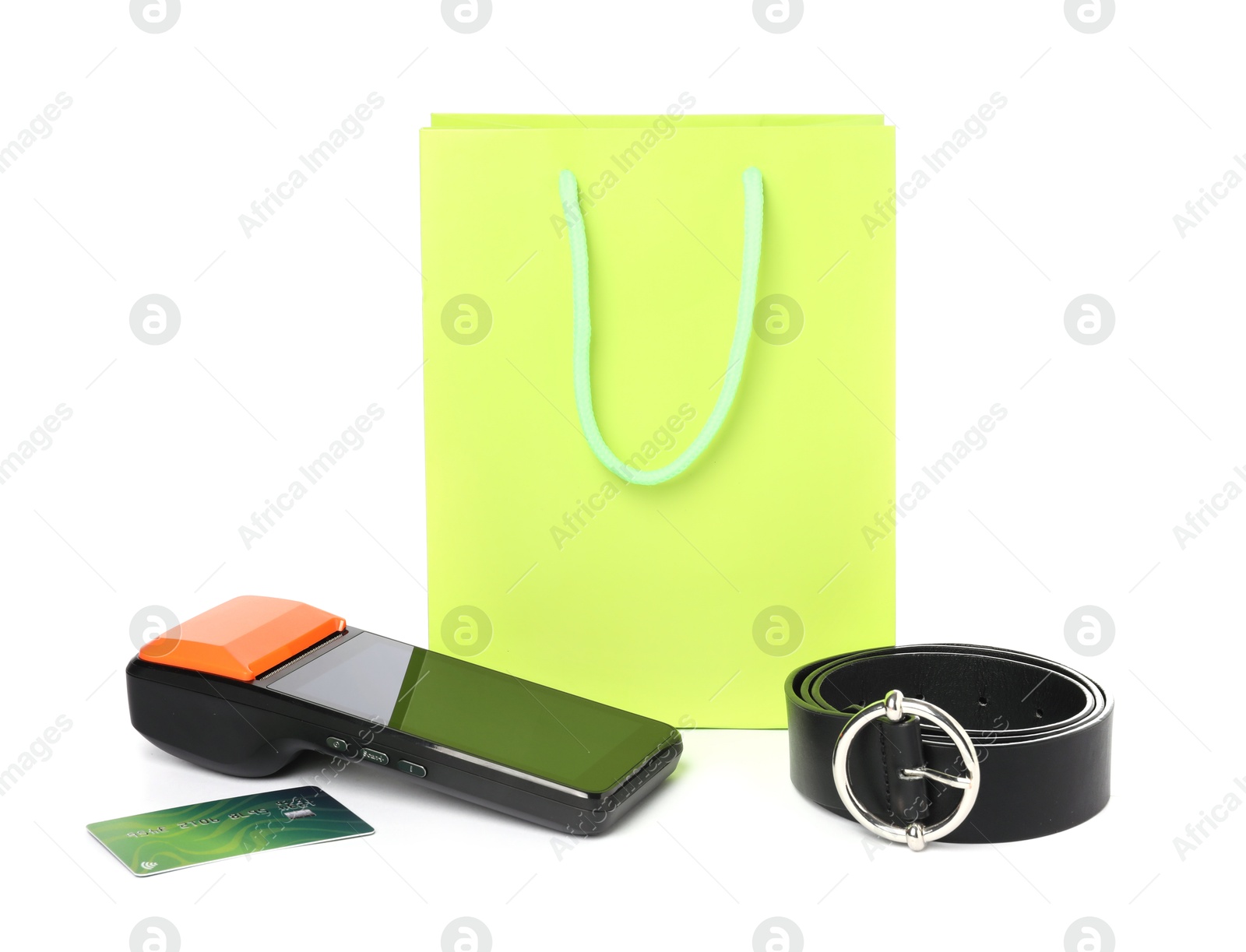 Photo of Payment terminal, shopping bag, credit card and belt isolated on white