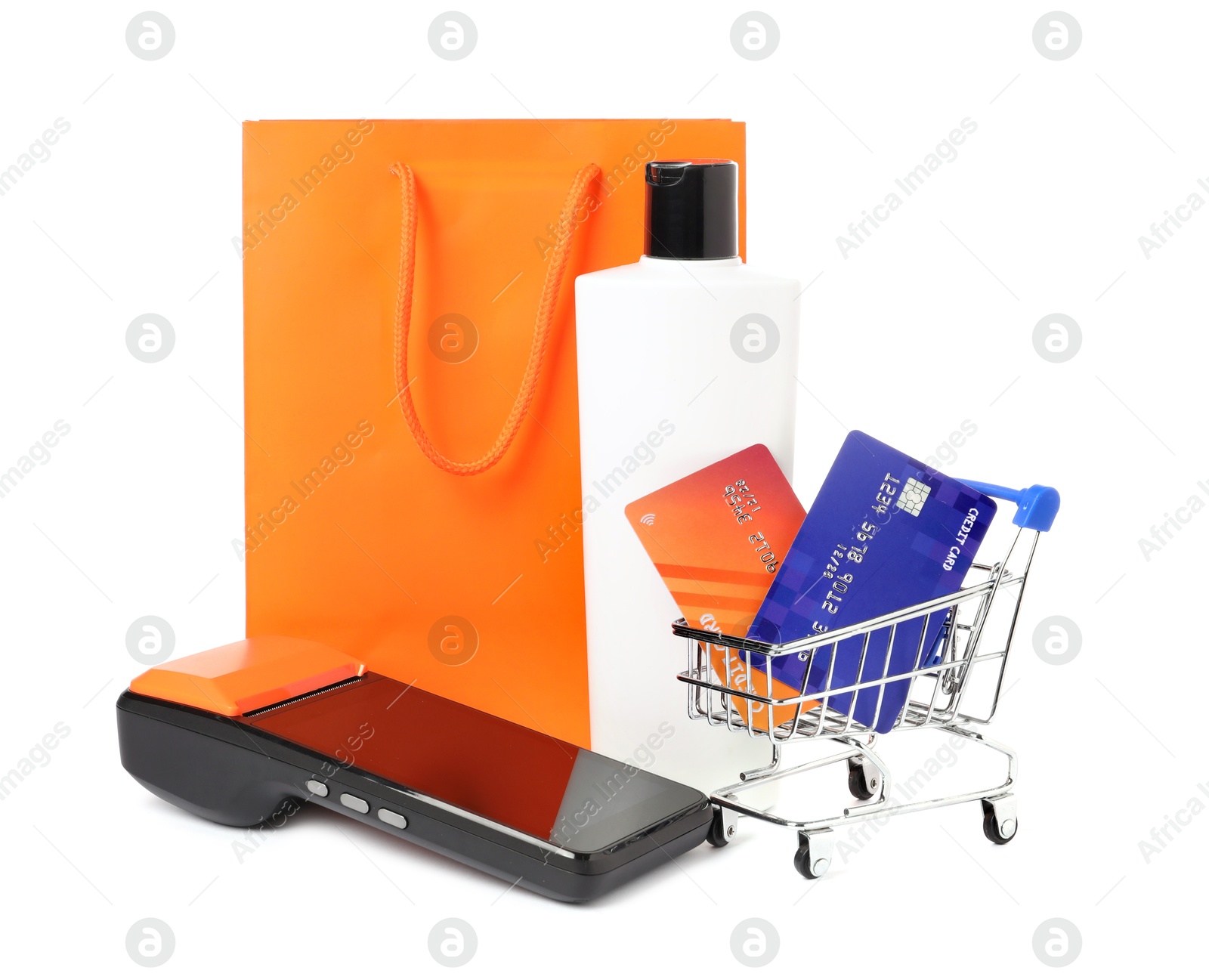 Photo of Payment terminal, cosmetic product, shopping bag and mini cart with credit cards isolated on white