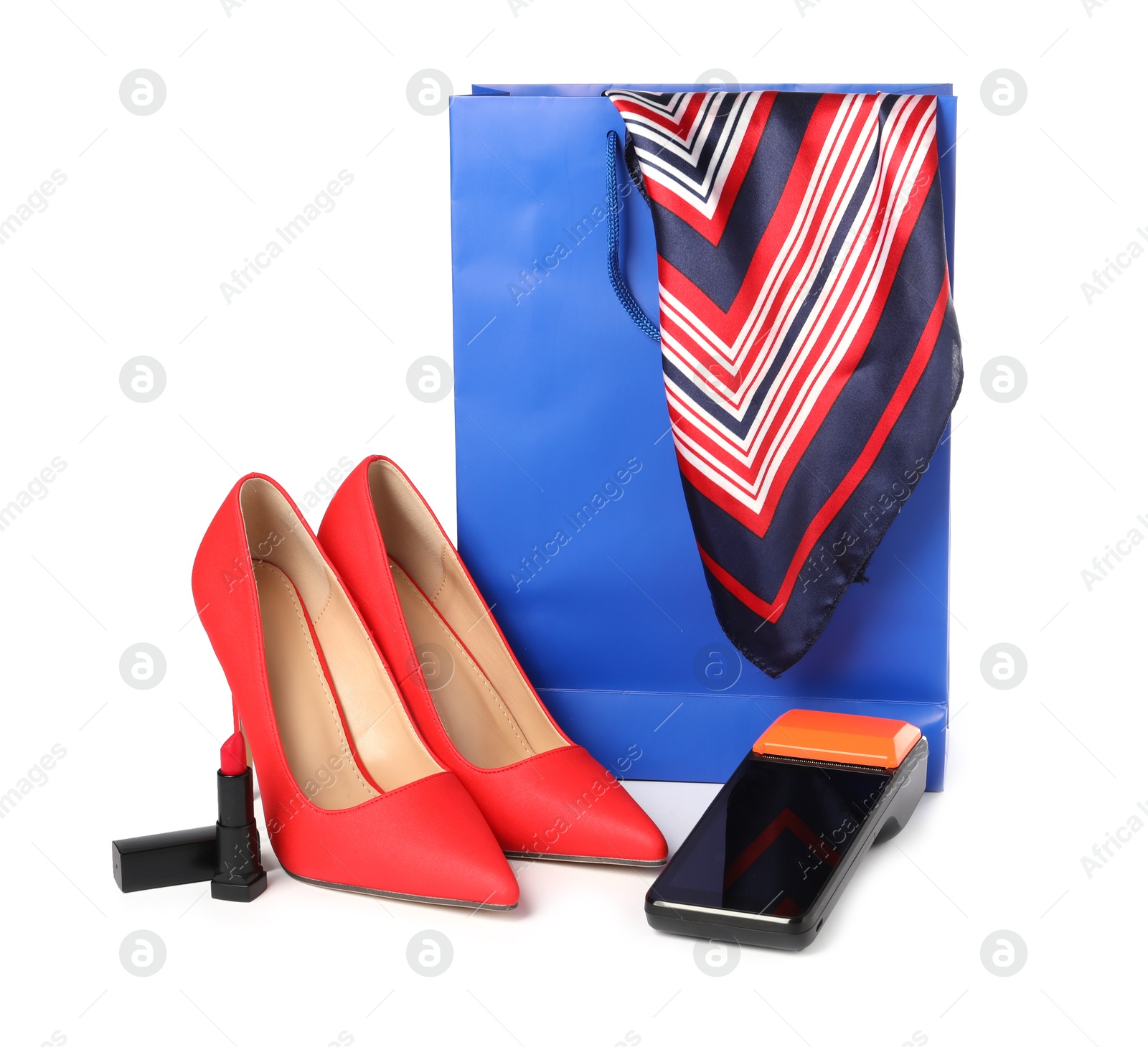 Photo of Payment terminal, shopping bag, heels, scarf and lipstick isolated on white