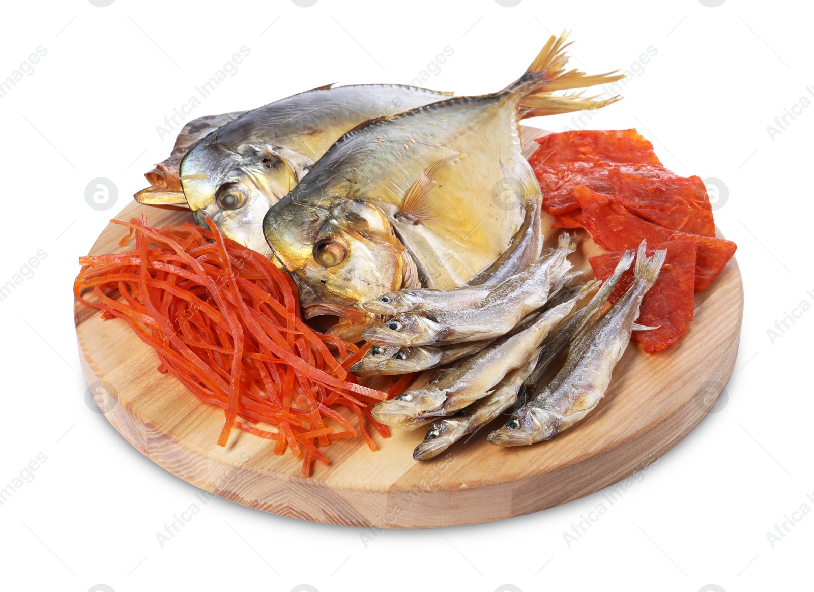 Photo of Many different dried fish snacks isolated on white