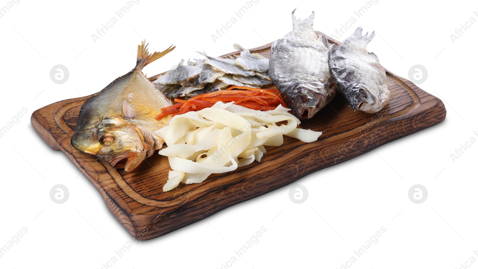 Photo of Many different dried fish snacks isolated on white