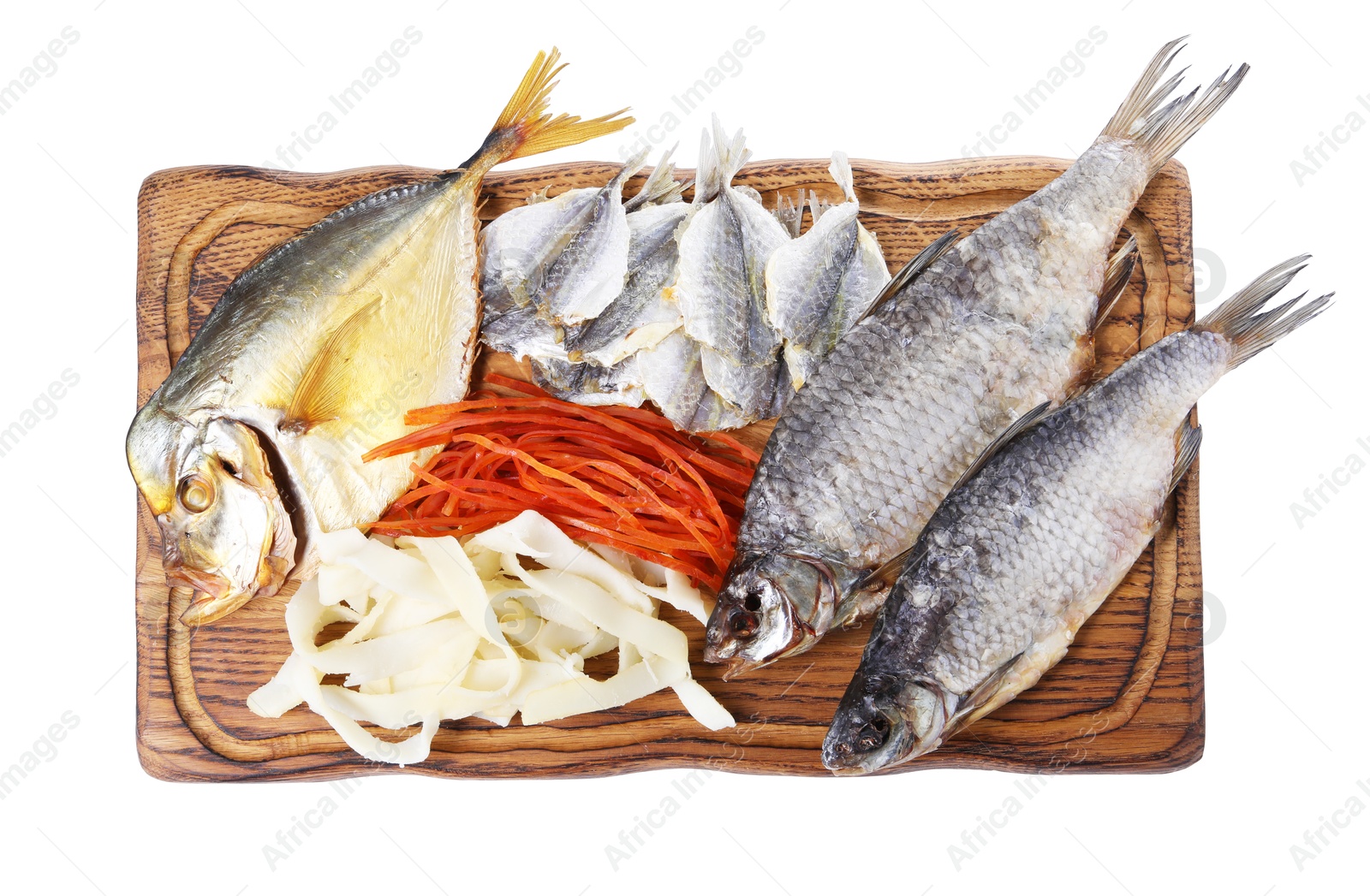 Photo of Many different dried fish snacks isolated on white, top view