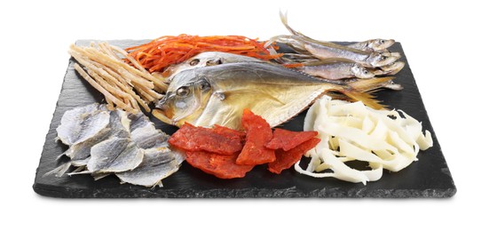 Many different dried fish snacks isolated on white