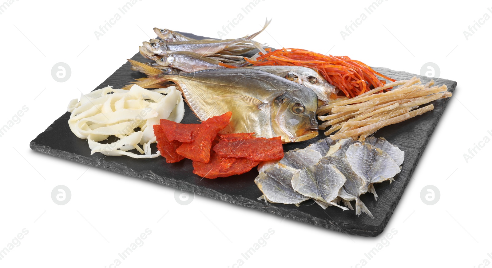 Photo of Many different dried fish snacks isolated on white