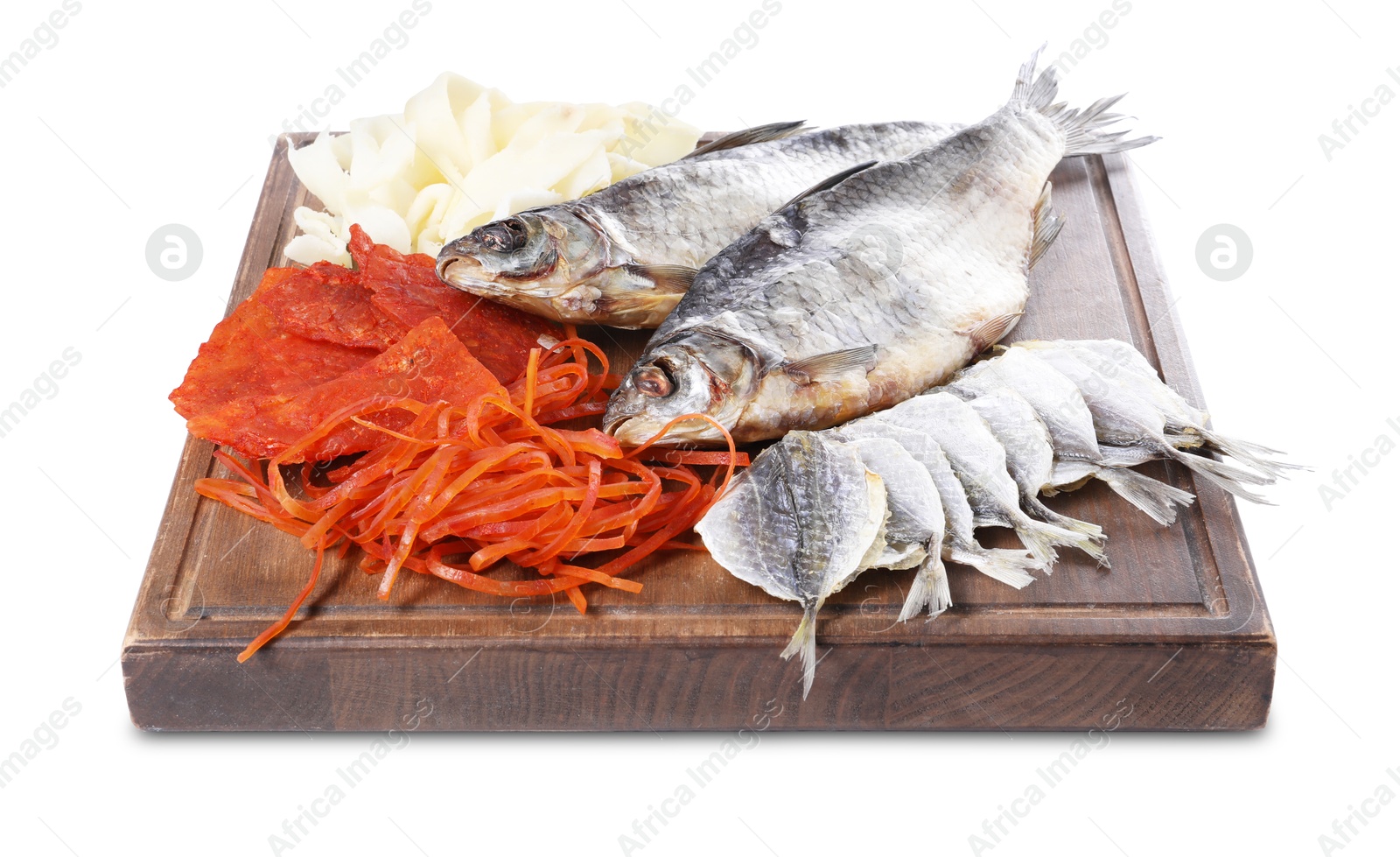 Photo of Many different dried fish snacks isolated on white